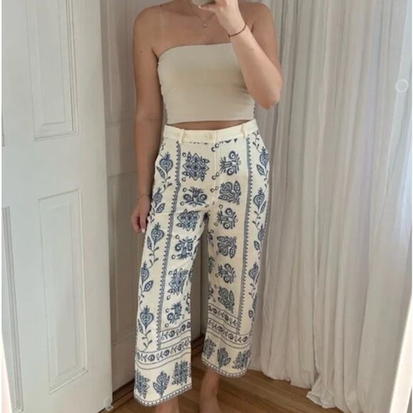 Zara Women size Medium Cream Blue Embroidered Viscose Linen Blend Wide Leg Pants - Picture 1 of 14